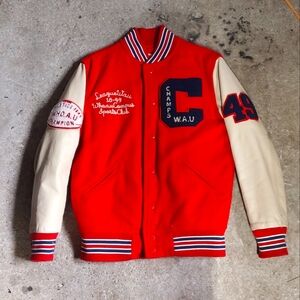California Dream Varsity Jacket Red Leather Sleeve Mens Size S